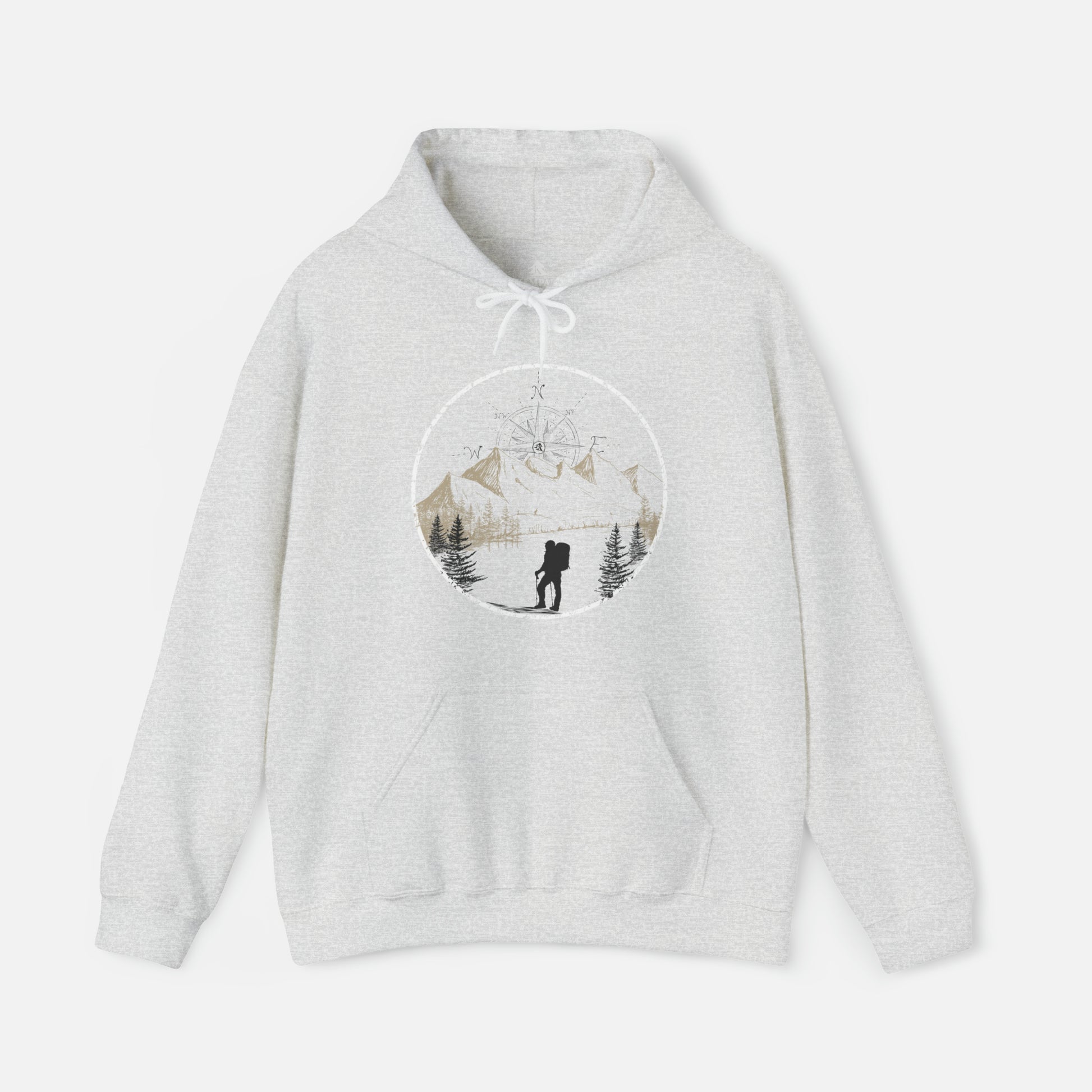 Gray color Hiking Graphic Hoodie displayed on white background, featuring a stunning hand-drawn illustration of majestic mountains and a compass rising in the sky. Whether you're exploring the trails or cozying up by the fire, this hoodie is the perfect companion for outdoor enthusiasts.