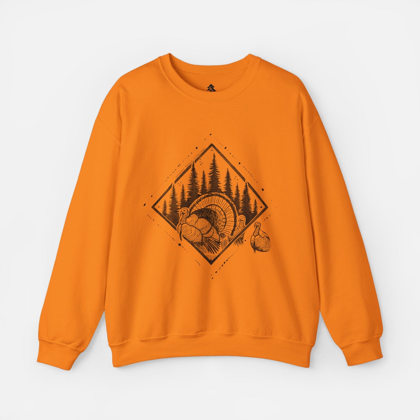 Safety Orange Echo of Timber Adult Crewneck displayed flat on a white background, showcasing its cozy fabric and rustic wildlife design.