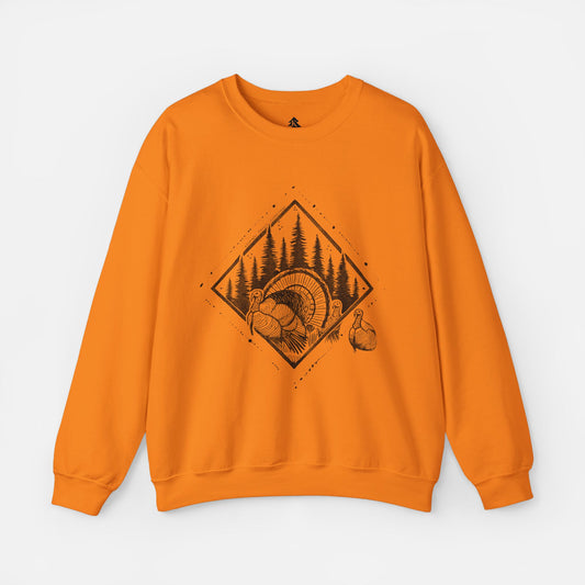 Safety Orange Echo of Timber Adult Crewneck displayed flat on a white background, showcasing its cozy fabric and rustic wildlife design.