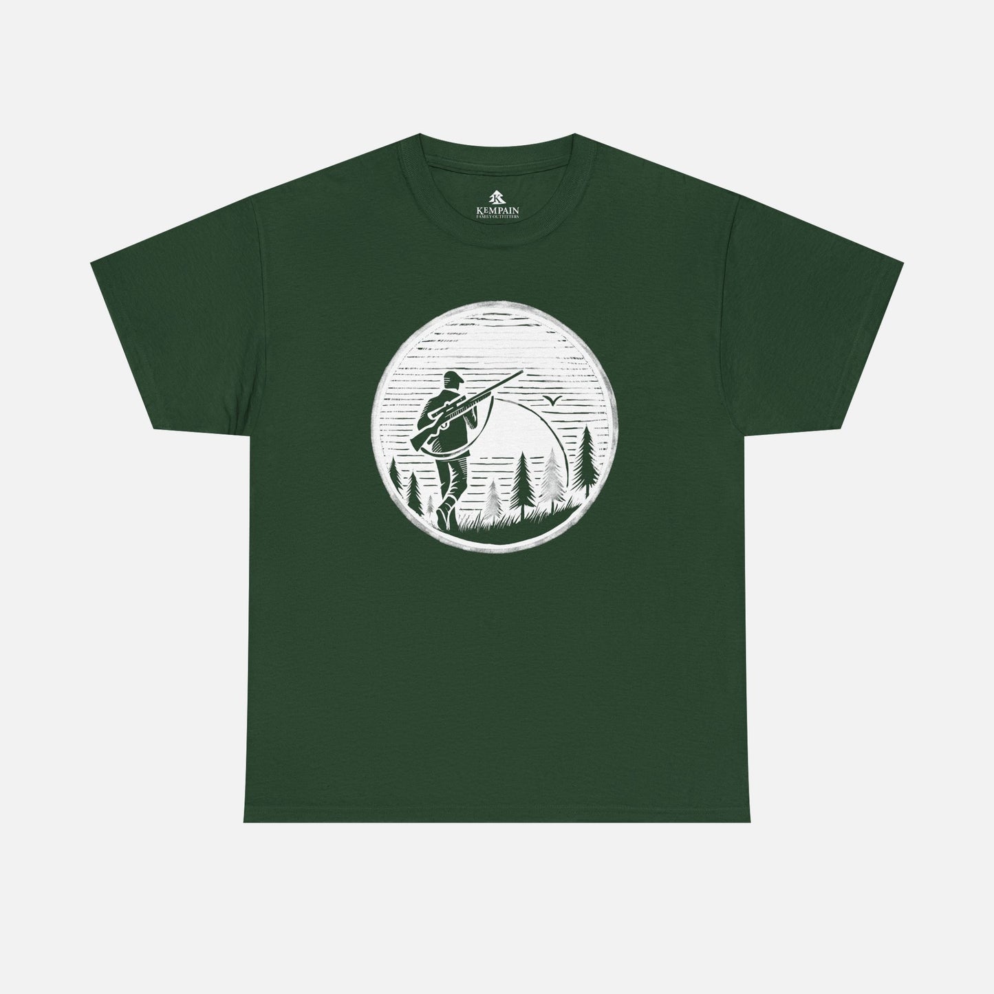 Hunter Sunrise Tee in green on a white background, showcasing a striking sunrise hunting design for nature lovers and outdoor explorers.