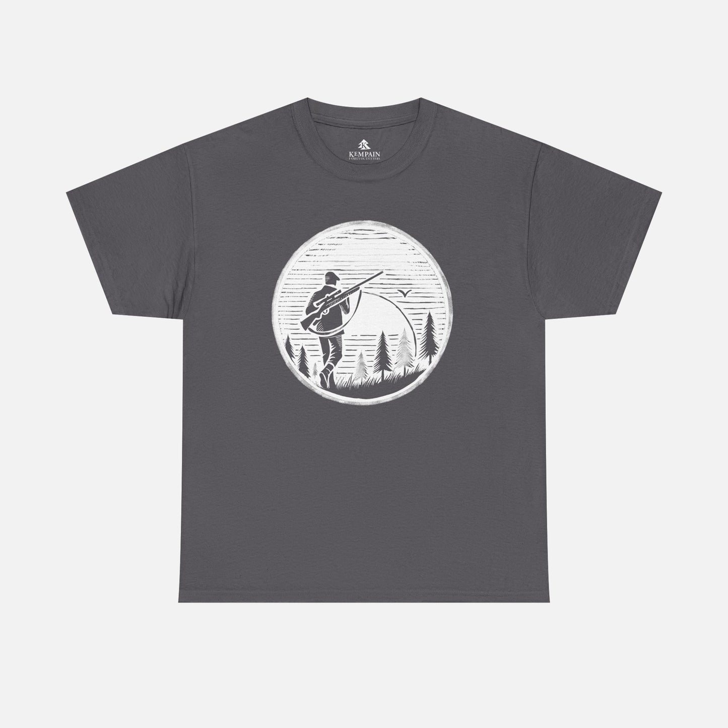 Hunter Sunrise Tee in grey on a white background, showcasing a striking sunrise hunting design for nature lovers and outdoor explorers.