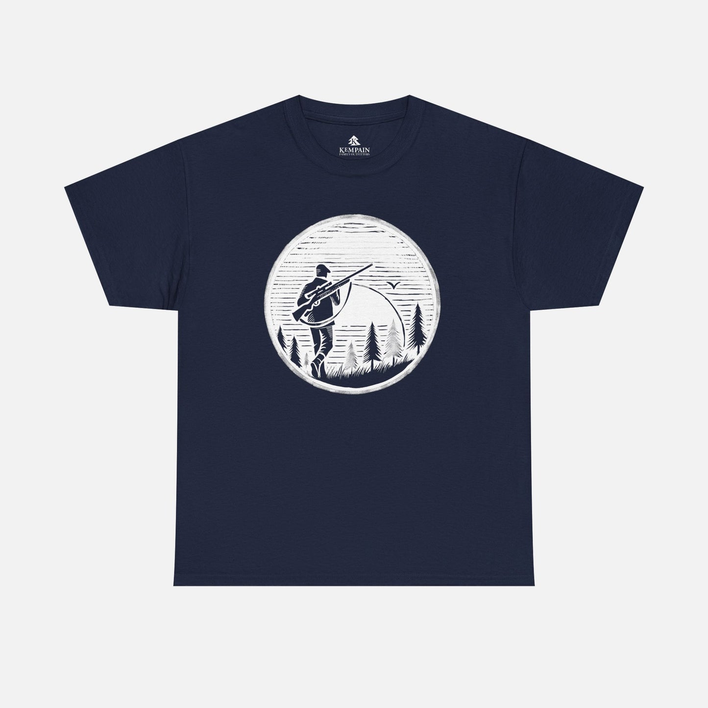 Hunter Sunrise Tee in navy on a white background, showcasing a striking sunrise hunting design for nature lovers and outdoor explorers.