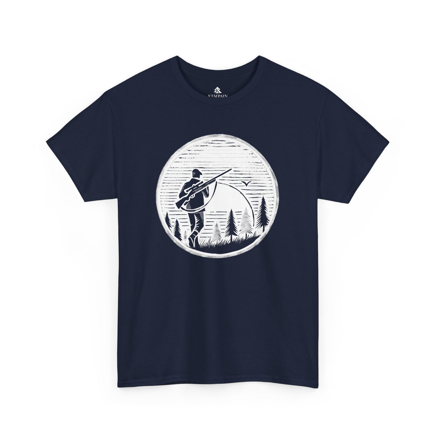 Hunter Sunrise Tee in navy on a white background, showcasing a striking sunrise hunting design for nature lovers and outdoor explorers.