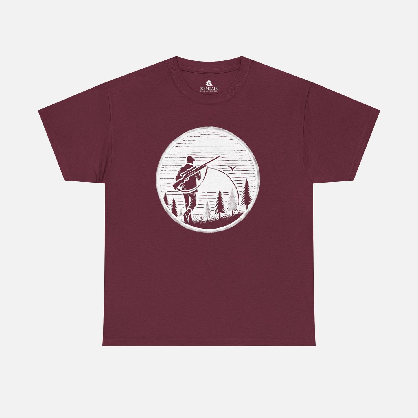Hunter Sunrise Tee in red on a white background, showcasing a striking sunrise hunting design for nature lovers and outdoor explorers.
