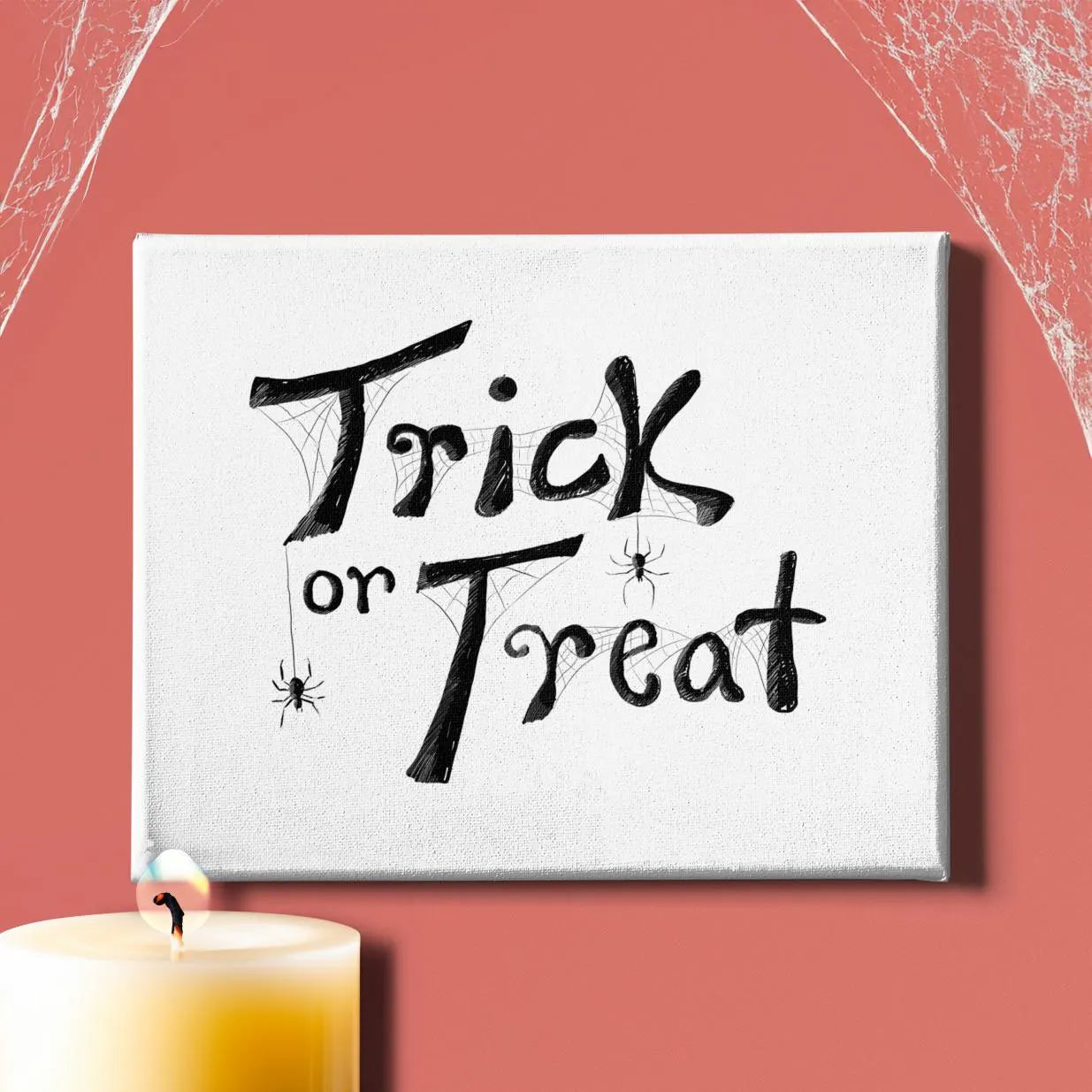 Canvas Gallery Wraps - Trick or Treat Illustrated Text with Spiders, Halloween Wall Art Decor, Spiderweb Canvas Prints, Spooky Home Decor,