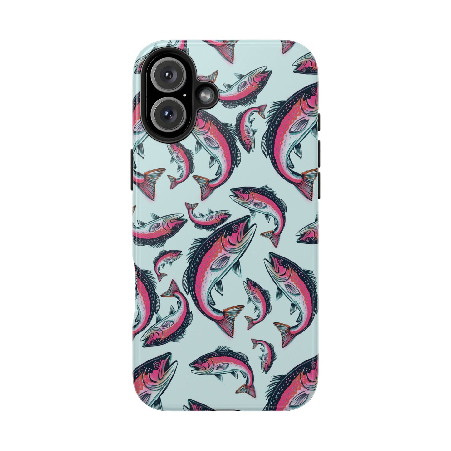 A colorful Rainbow Trout Pattern iPhone 16 Plus case showcasing an illustrated jumping trout by Jordan Kempain displayed on a white background.