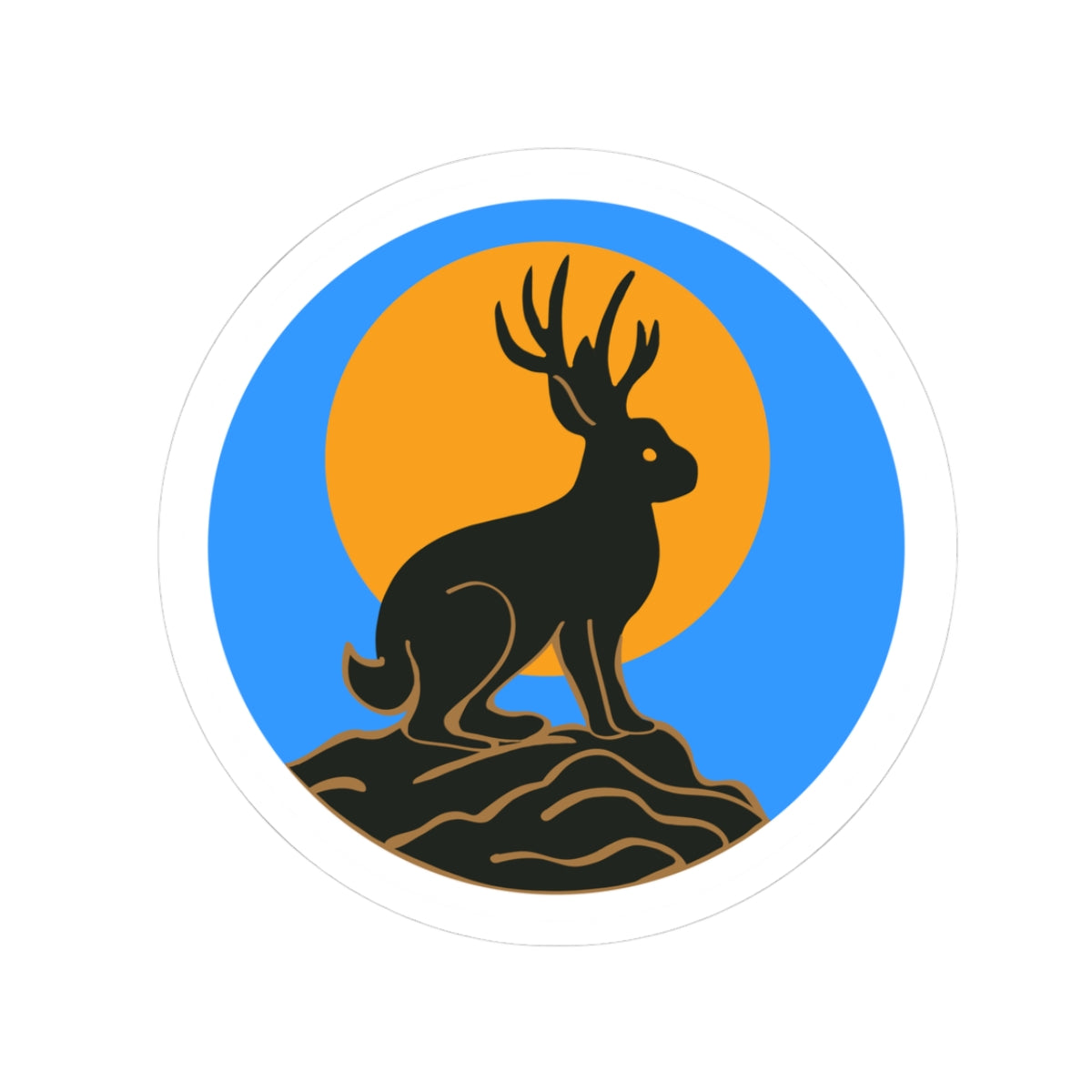 Sticker with a black jacolope silhouette on a rock against an orange and blue circular background.