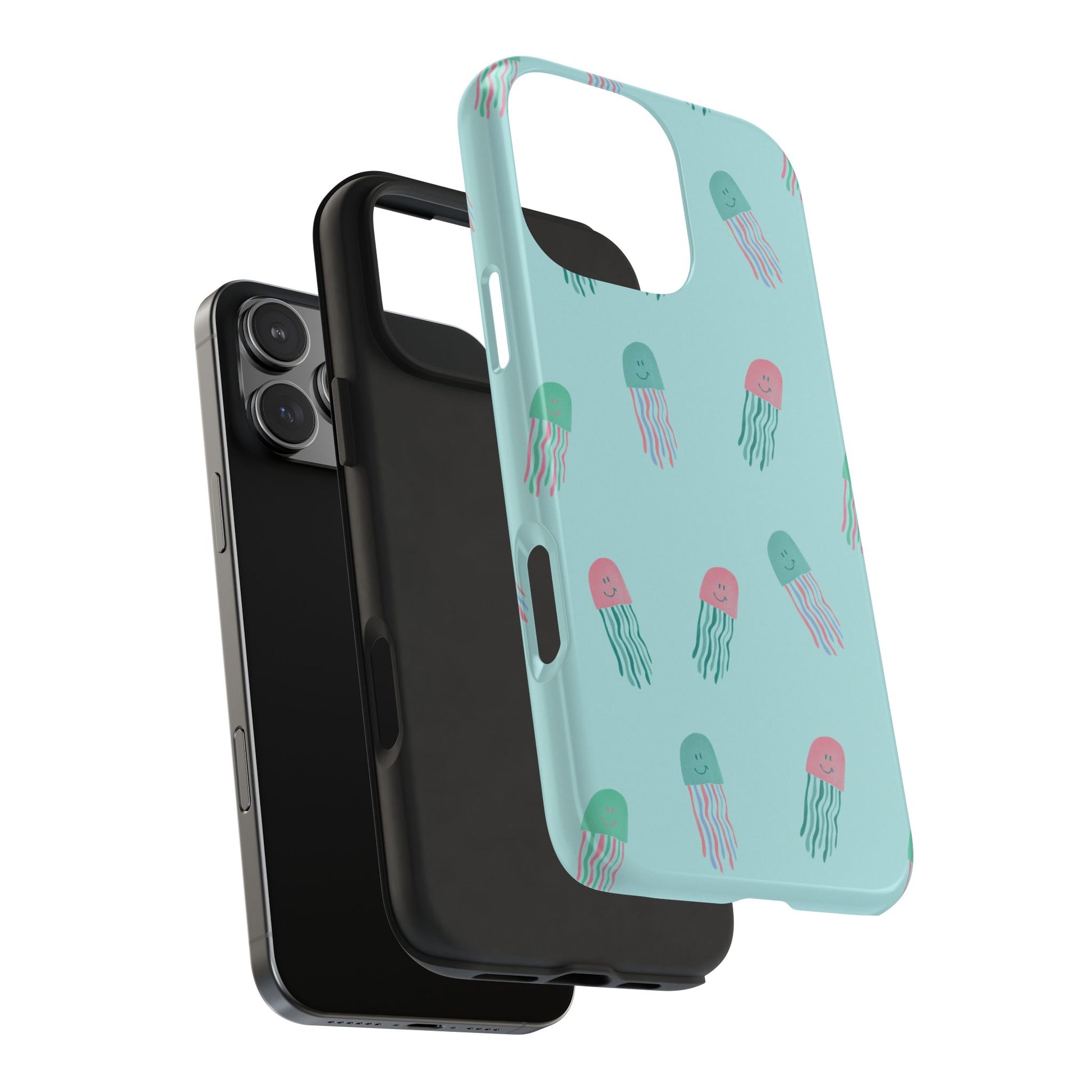 Exploded view of Jellyfish Pattern Phone Case showing the outer plastic shell and flexible rubber liner for enhanced phone protection.