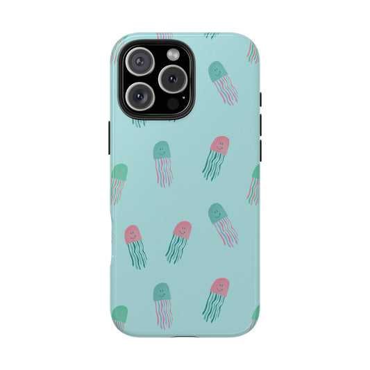 Front view of Jellyfish Pattern Phone Case on white background, featuring a vibrant illustrated design of colorful jellyfish in motion.