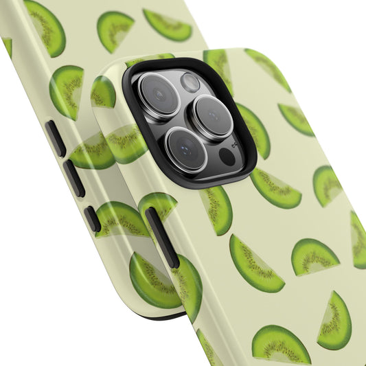 Angled close-up of Kiwi Pattern Phone Case showcasing vibrant kiwi illustrations, glossy surface, and precision detailing.