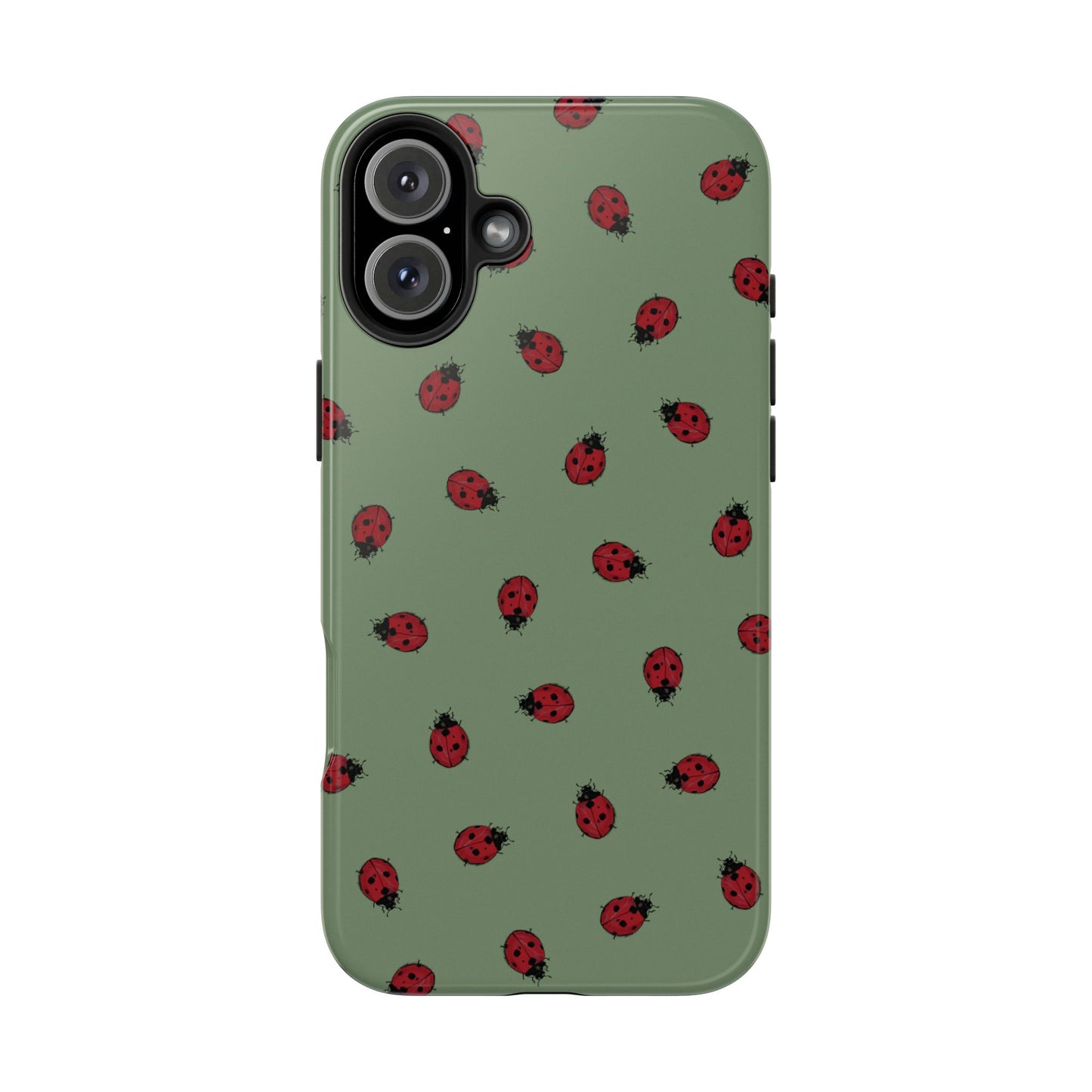 Phone case with ladybug pattern on a green background