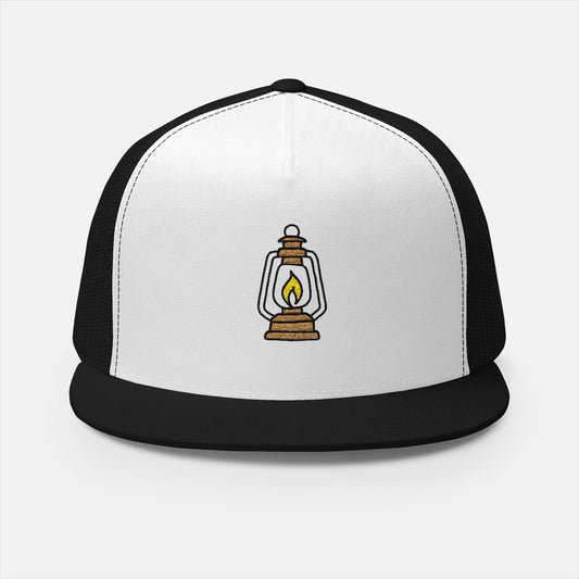 Front view of two-tone Trucker Cap with bold embroidered lantern and flame design, ideal for campers and outdoor enthusiasts.