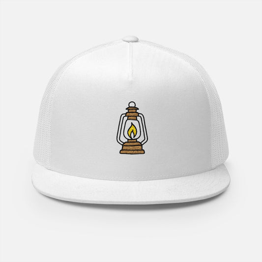 Front view of white Trucker Cap with bold embroidered lantern and flame design, ideal for campers and outdoor enthusiasts.