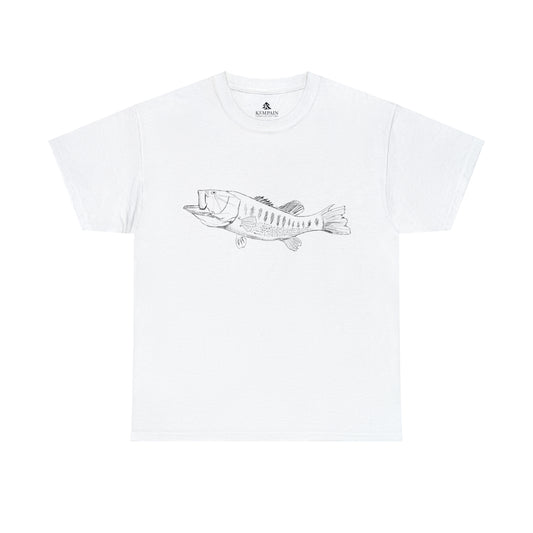 A largemouth bass graphic tee in white on white background. Perfect gift for fishing enthusiast.
