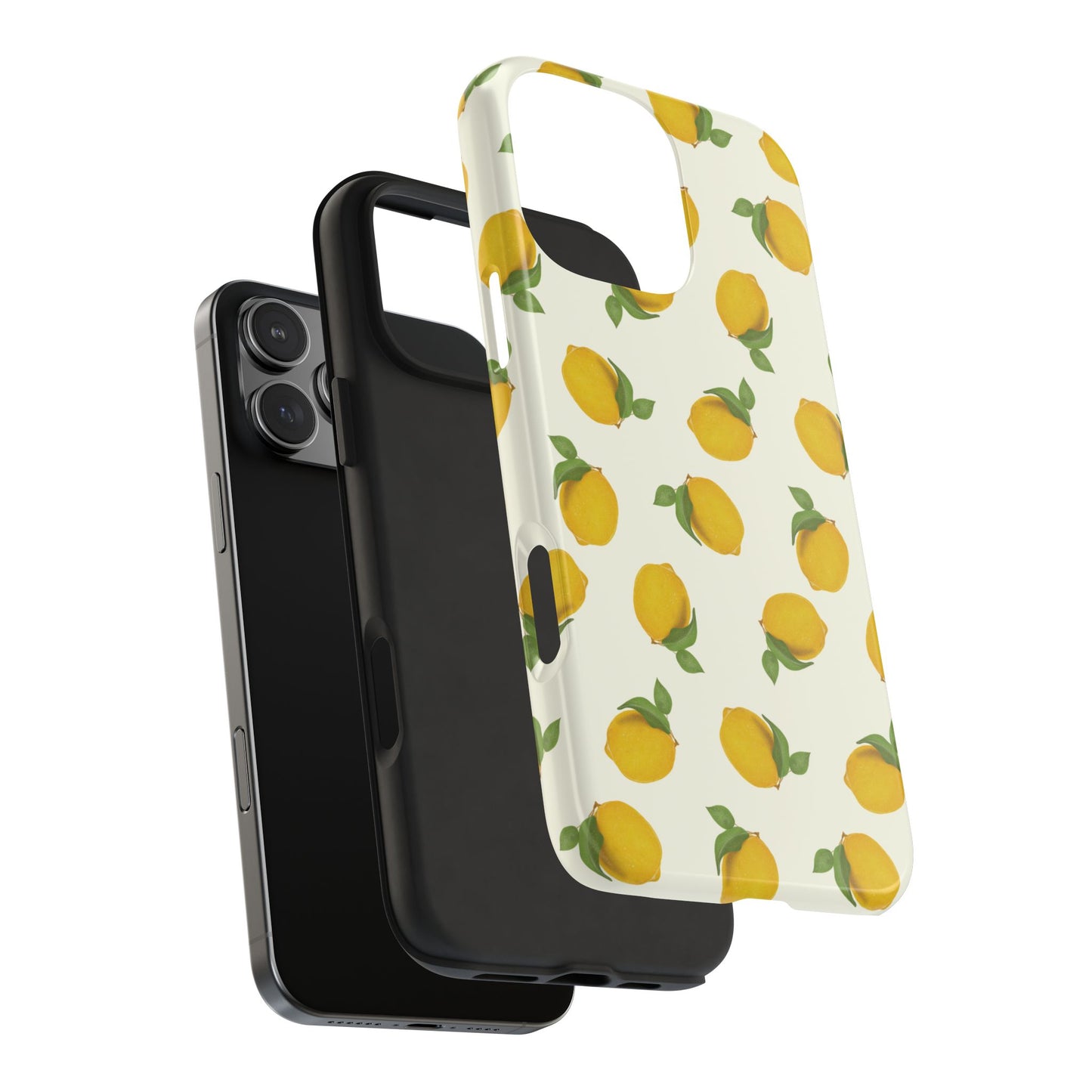 Exploded view of Lemon Pattern Phone Case showing the durable outer shell and flexible rubber liner for maximum protection.