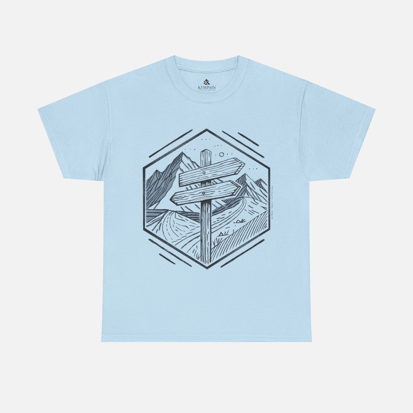 Light Blue Wilderness Way Trail Sign T-Shirt displayed flat on a white background, showcasing a clean and modern hiking-inspired design.