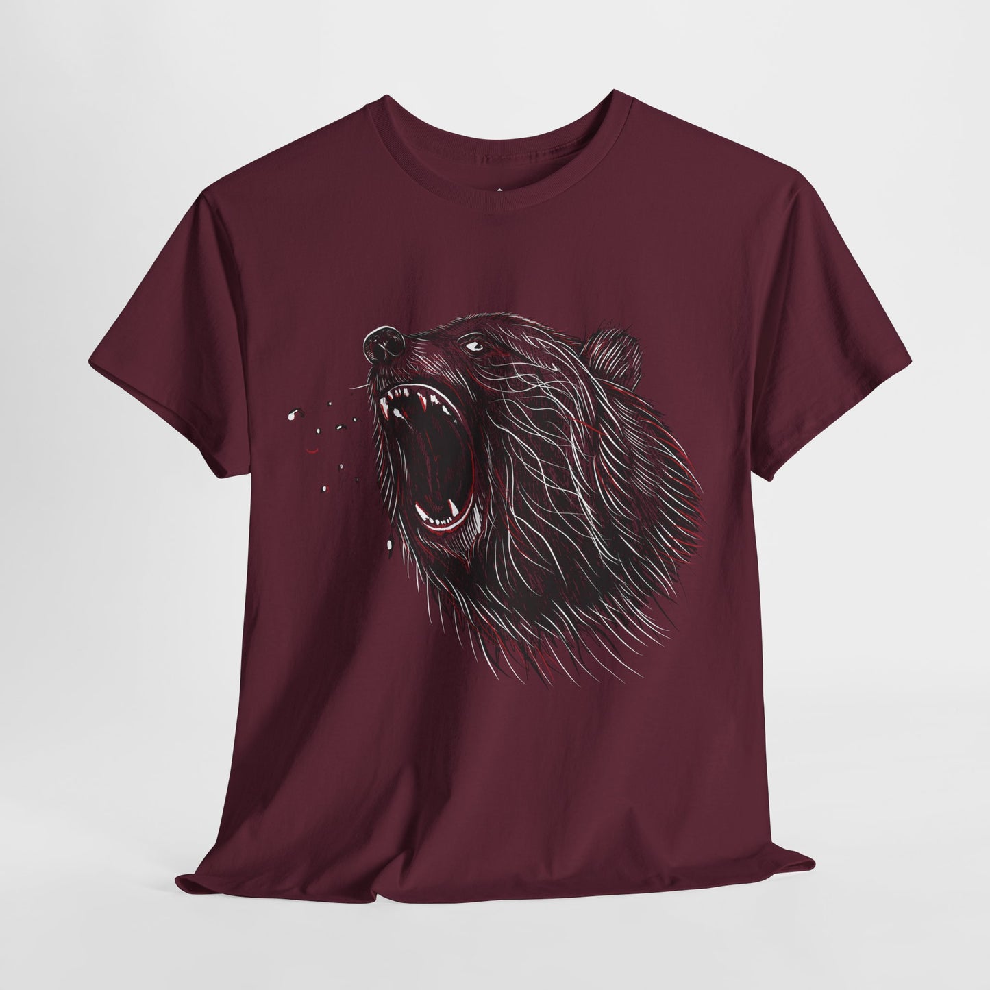 Maroon Roaring Bear T-shirt unisex nature and wildlife graphic tee on white background.