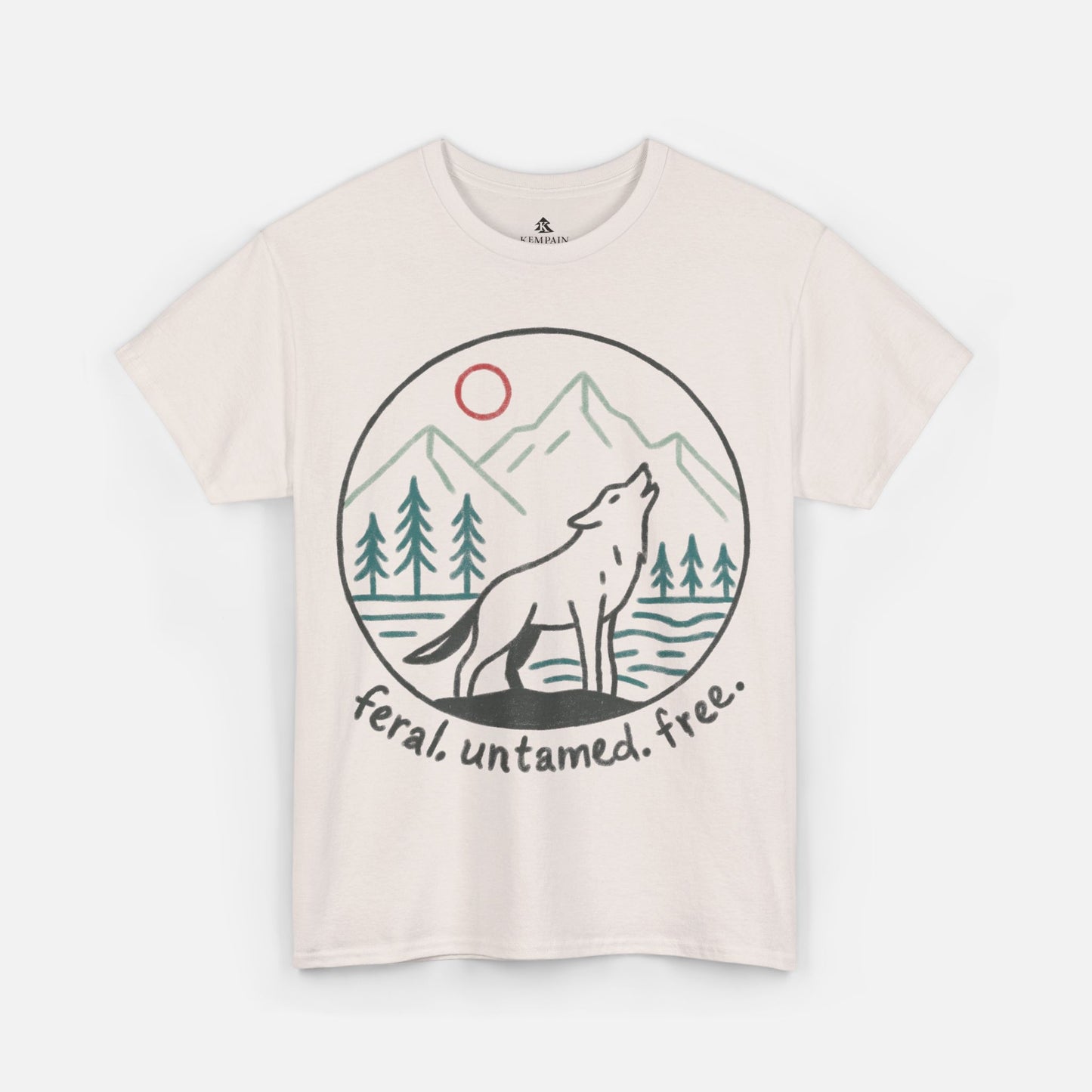 Flat lay of Wild Wolf Howling Tee in ice grey on a white background, featuring a circular line art design of a wolf howling at the moon with mountains and trees, printed on a softstyle cotton men's t-shirt.