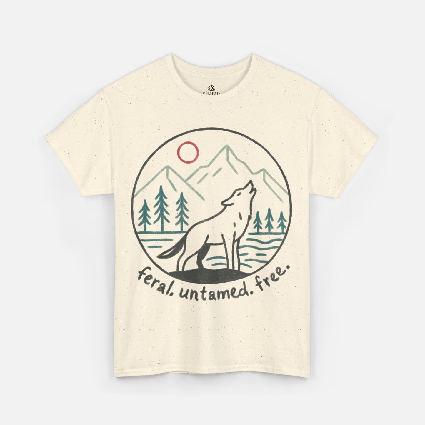 Flat lay of Wild Wolf Howling Tee in natural color on a white background, featuring a circular line art design of a wolf howling at the moon with mountains and trees, printed on a softstyle cotton men's t-shirt.