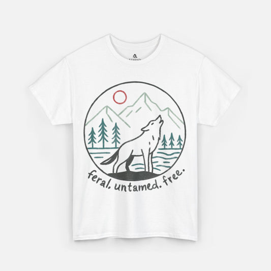 Flat lay of Wild Wolf Howling Tee in white on a white background, featuring a circular line art design of a wolf howling at the moon with mountains and trees, printed on a softstyle cotton men's t-shirt.