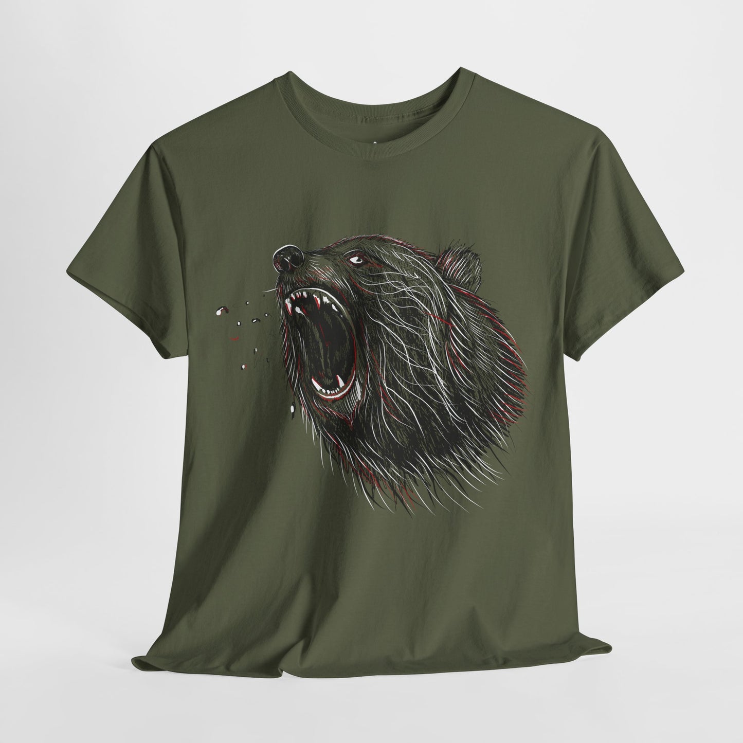 Military Green Roaring Bear T-shirt unisex nature and wildlife graphic tee on white background.