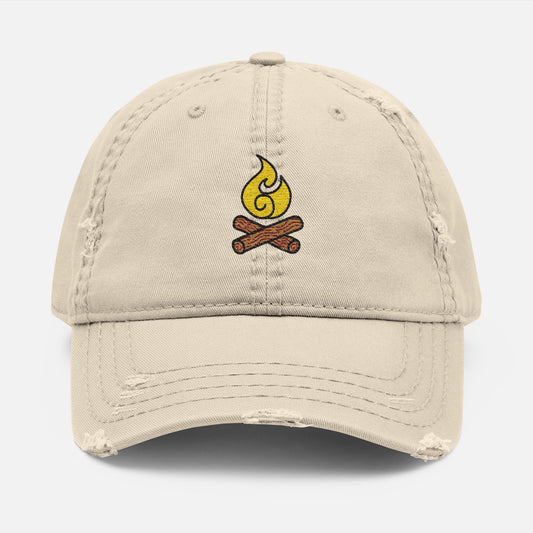 Front view of distressed cotton dad hat featuring minimalist embroidered flame design, perfect for campers and outdoor lovers.