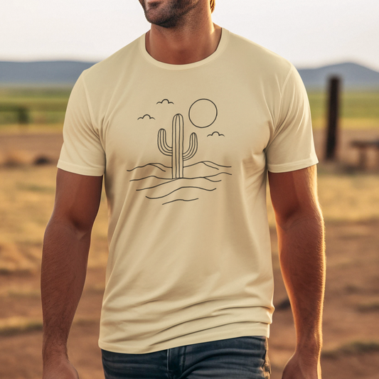 Yellow Minimalist Desert Cactus Line Art T-Shirt worn by model in desert-inspired setting, featuring sun, clouds, and cactus line drawing