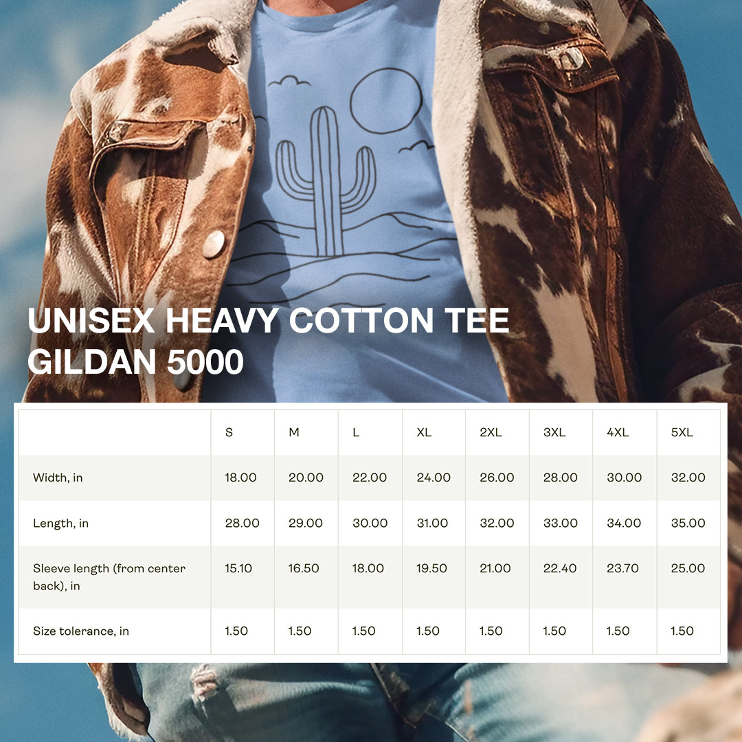 Minimalist Desert Cactus T-Shirt size chart displaying unisex fit and measurement details for all sizes.