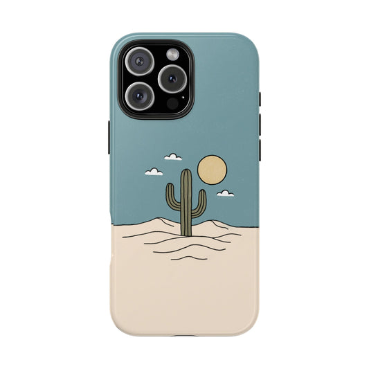 Minimalist Cactus Phone Case featuring simple black line art  and textured color of desert cactus with sun and clouds on a clean background showcasing front view.