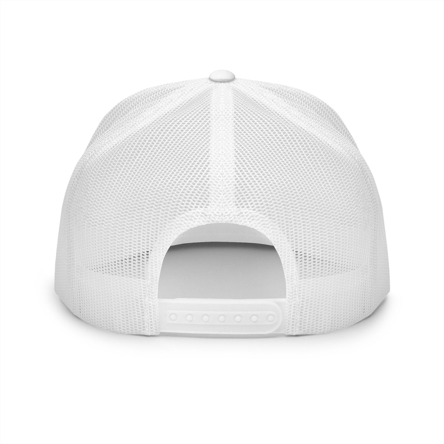 Back view of white classic trucker cap with breathable mesh and adjustable snapback.