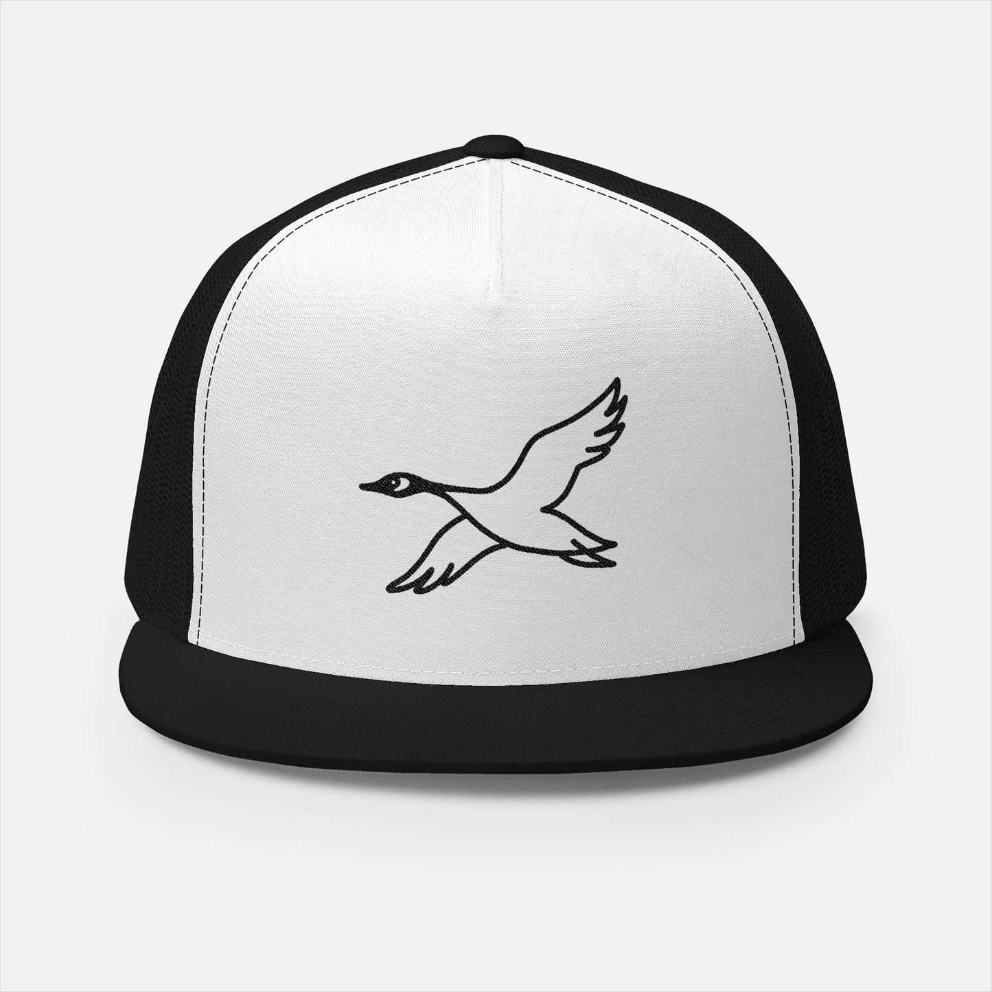 Front view of two tone white and black trucker hat with embroidered flying goose line illustration, ideal for birdwatchers and outdoor enthusiasts.