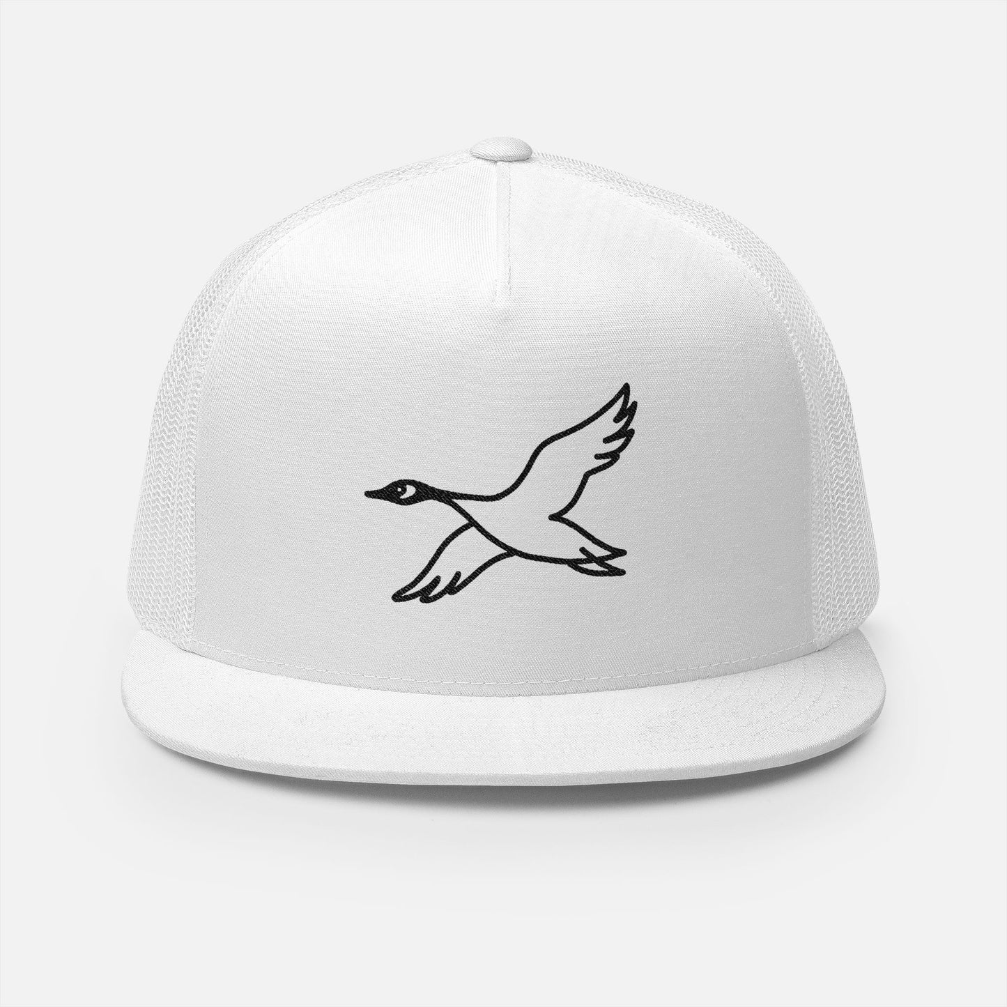 Front view of white trucker hat with embroidered flying goose line illustration, ideal for birdwatchers and outdoor enthusiasts.