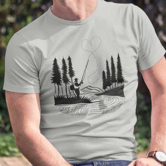 Model wearing Fly Fishing T-Shirt, featuring a geometric mountain scene with a heart-shaped cast—perfect for anglers and outdoor enthusiasts.