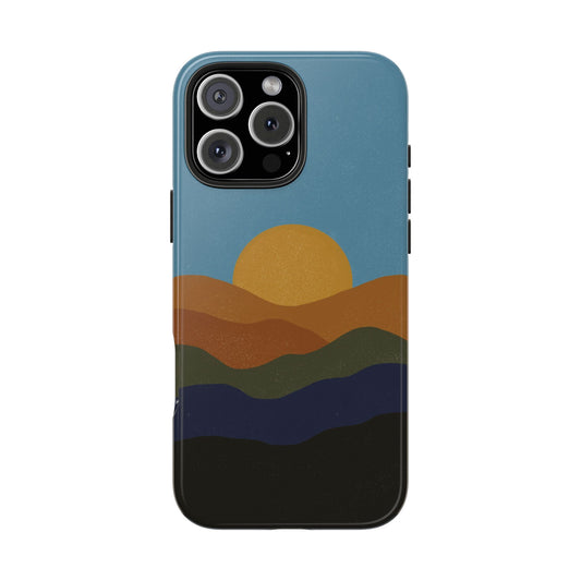 Modern Mountain Sunset Phone Case with earthy-toned digital illustration of a sun setting over layered mountain ranges.