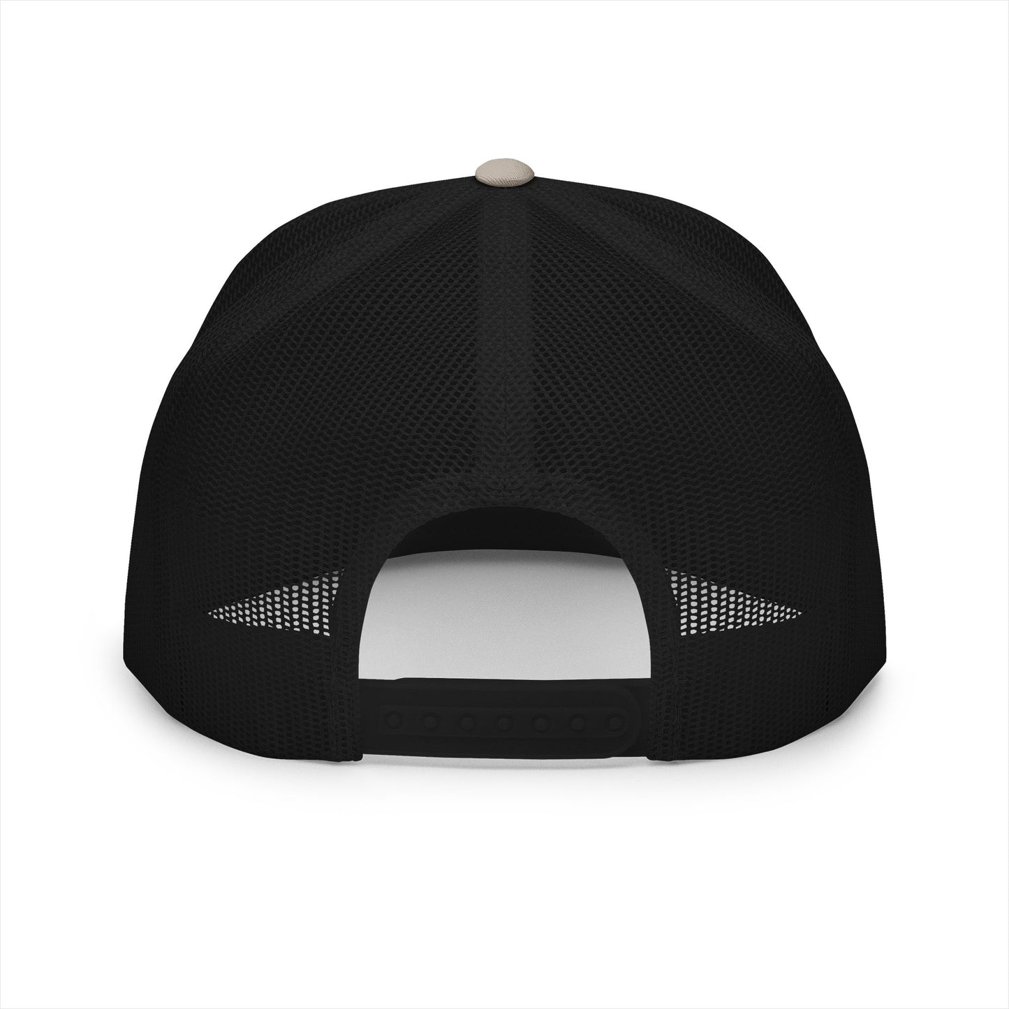 Back view of silver/black trucker cap showing mesh panel and adjustable snapback closure for breathable fit.