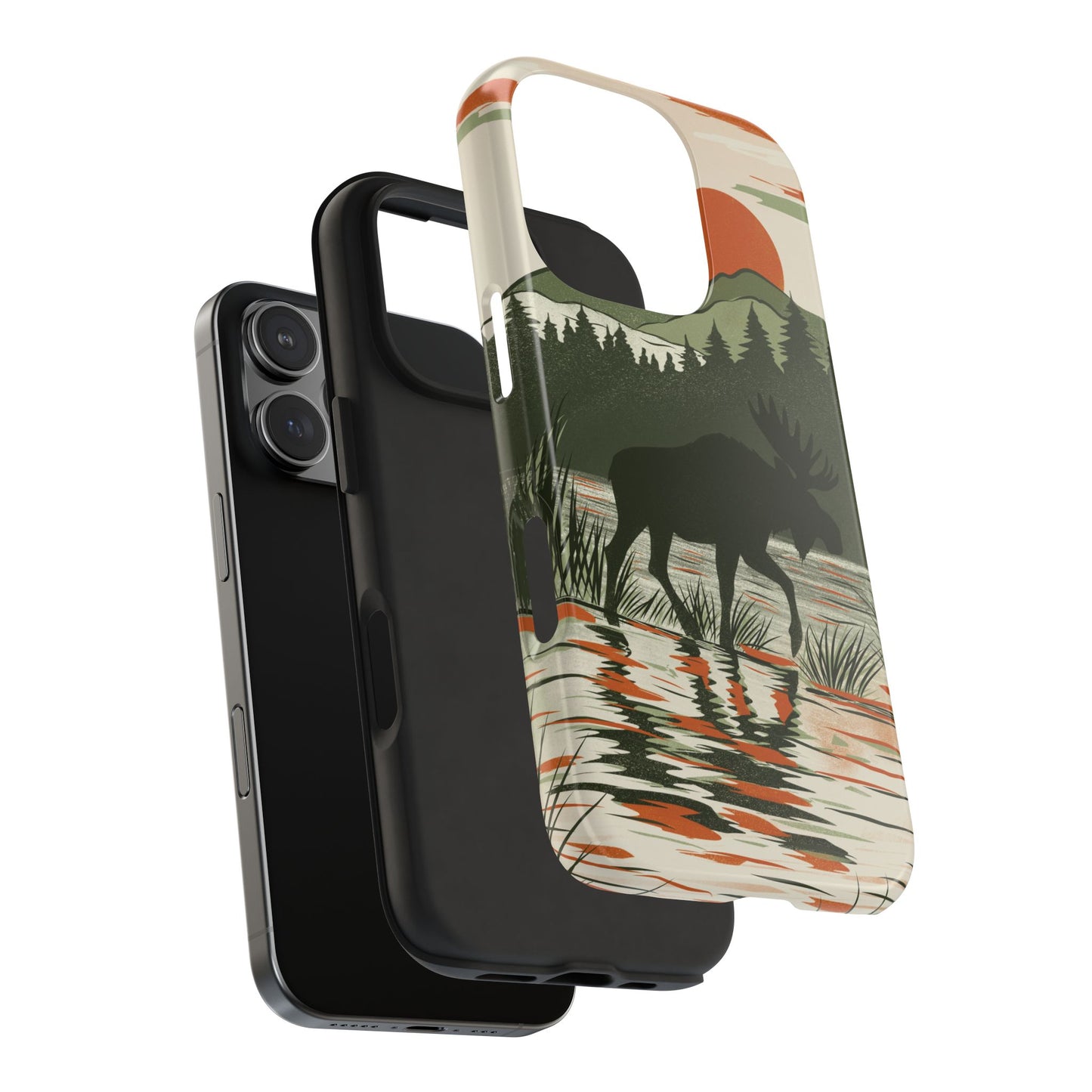 Moose in Marshland Phone Case displayed in exploded view on white background, showcasing the rugged, nature-inspired design and durable structure.