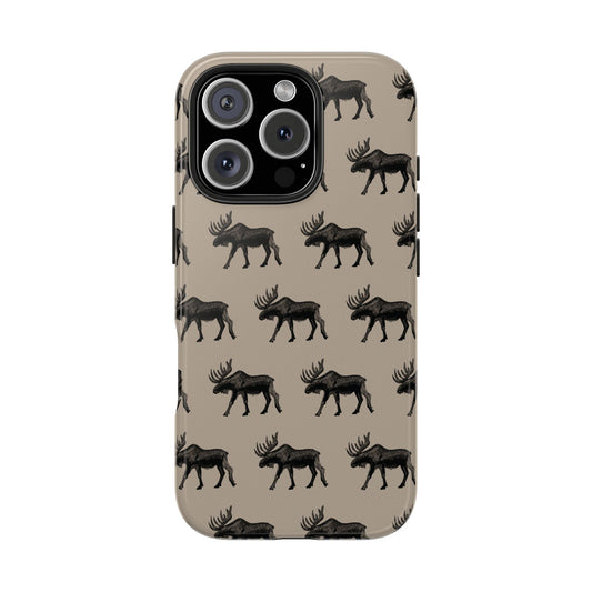 iPhone case on a white background a moose pattern protective case. Perfect for those who love the outdoors and moose country.