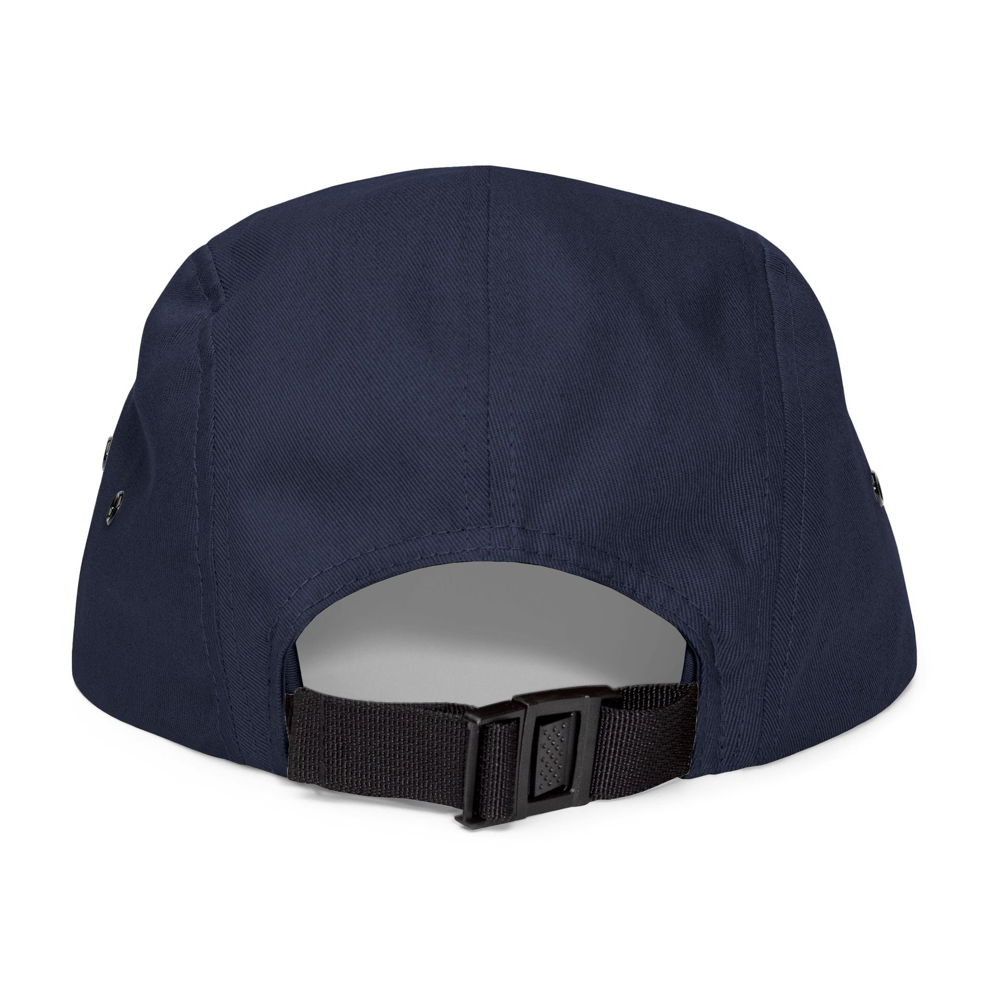 Back view of navy 5-panel cap with adjustable closure, showing low-profile outdoor performance style.