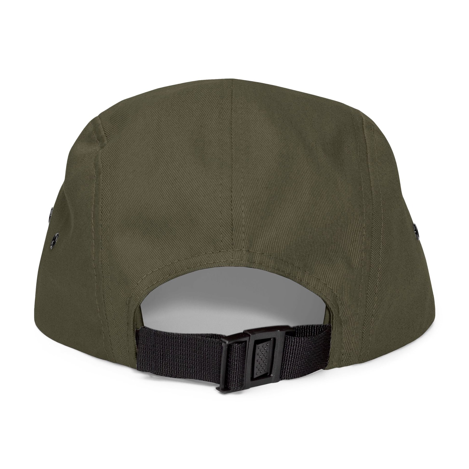 Back view of olive 5-panel cap with adjustable closure, showing low-profile outdoor performance style.
