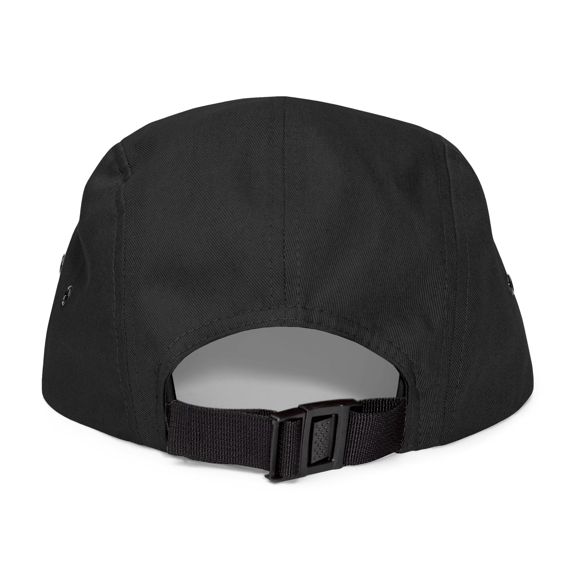 Back view of black 5-panel cap with adjustable closure, showing low-profile outdoor performance style.