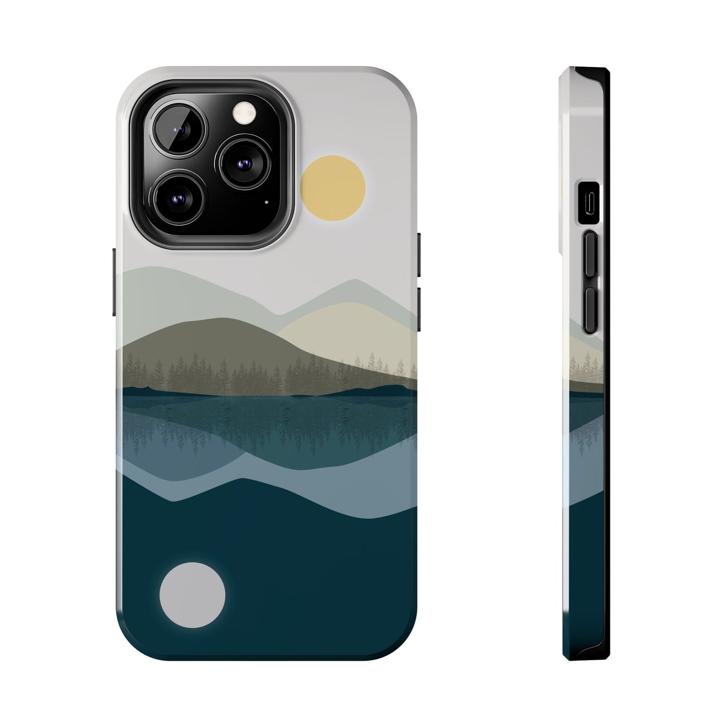 Phone case featuring an abstract illustration of a mountain reflected on a lake, compatible with iPhone and Samsung models, perfect for nature enthusiasts and adventurers.