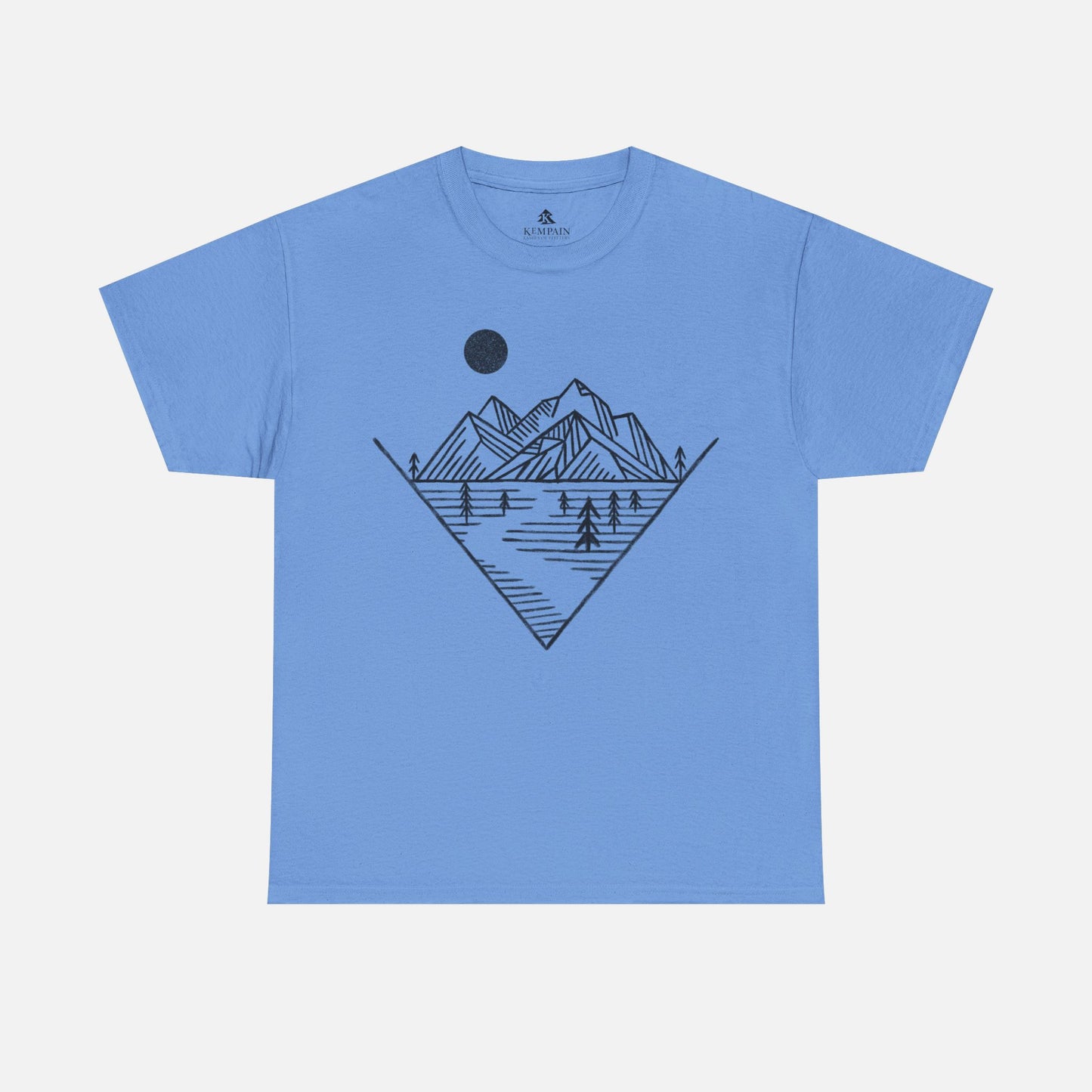 Mountain Peak Pursuit T-Shirt in blue on a white background, showcasing a minimalist mountain and trail design for nature enthusiasts.