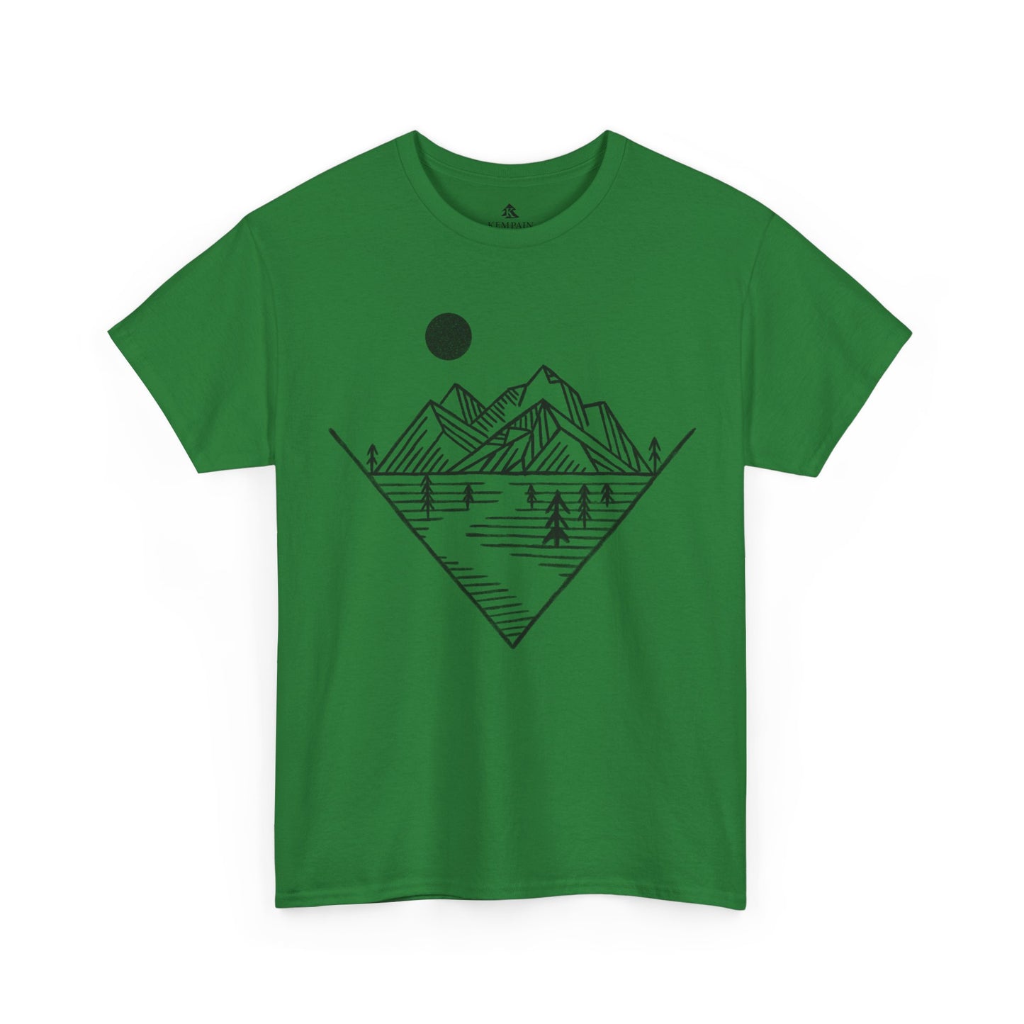 Mountain Peak Pursuit T-Shirt in green on a white background, showcasing a minimalist mountain and trail design for nature enthusiasts.