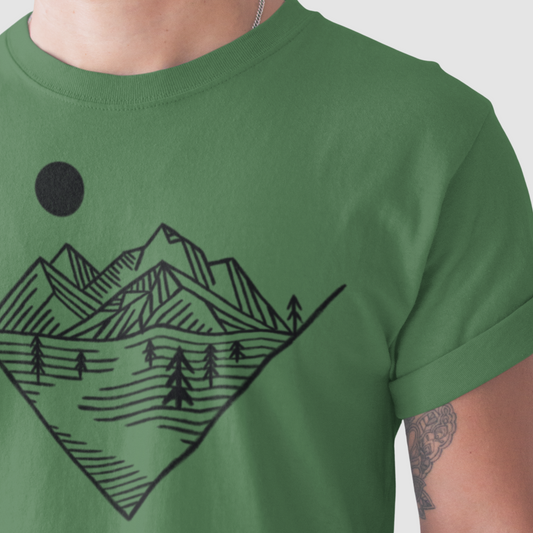 Model wearing Mountain Peak Pursuit T-Shirt, featuring a geometric mountain and winding path design, perfect for hikers and outdoor adventure lovers.