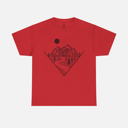 Mountain Peak Pursuit T-Shirt in red on a white background, showcasing a minimalist mountain and trail design for nature enthusiasts.