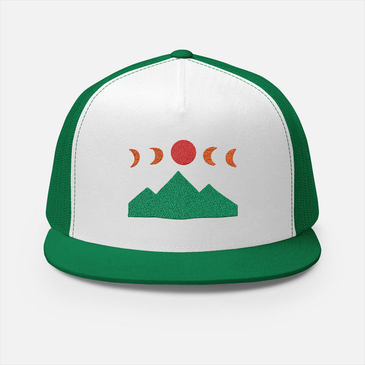 Front of Mountain Ridge and Moon Phase green trucker cap showing the embroidery design of mountain ridges and moon phases in a minimalist style by Kempain Family Outfitters.