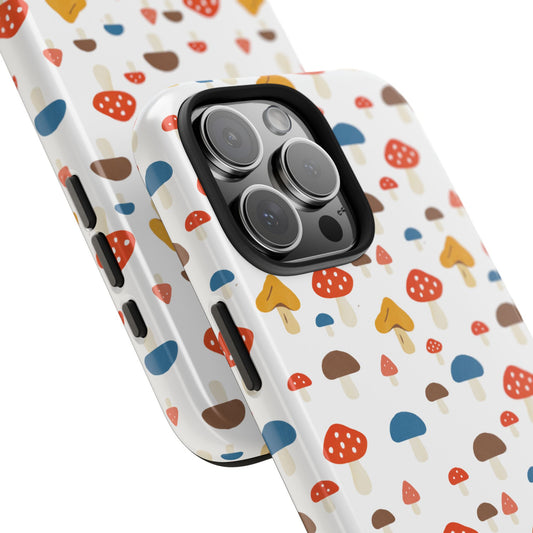 Angled close-up of Mushroom Pattern Phone Case highlighting the glossy finish and detailed, whimsical mushroom illustrations.