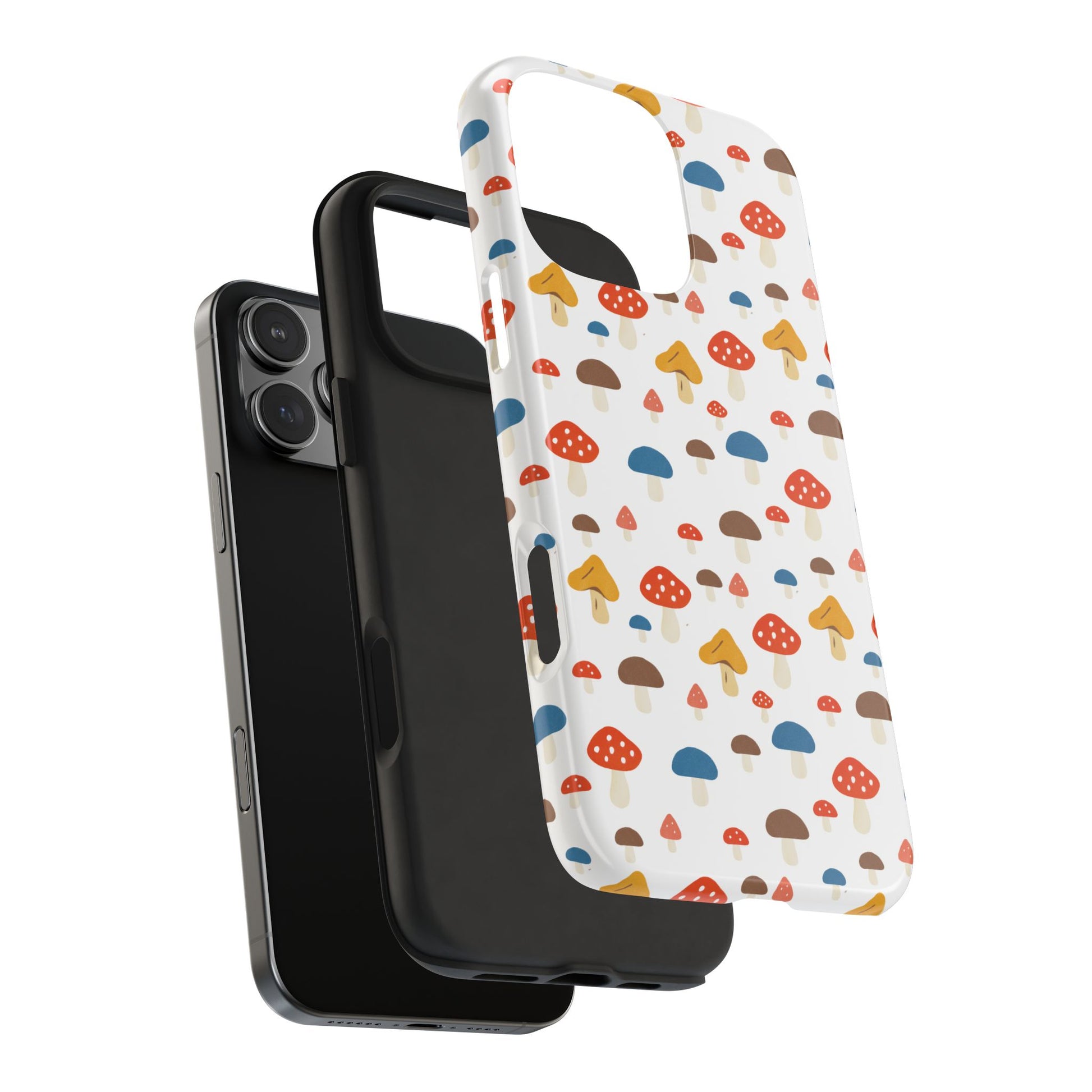 Exploded view of Mushroom Pattern Phone Case showing the impact-resistant shell and shock-absorbing rubber liner for dual-layer protection.