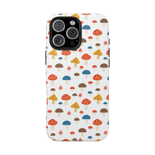 Front view of Mushroom Pattern Phone Case on white background, featuring a colorful illustrated mushroom design full of woodland charm.