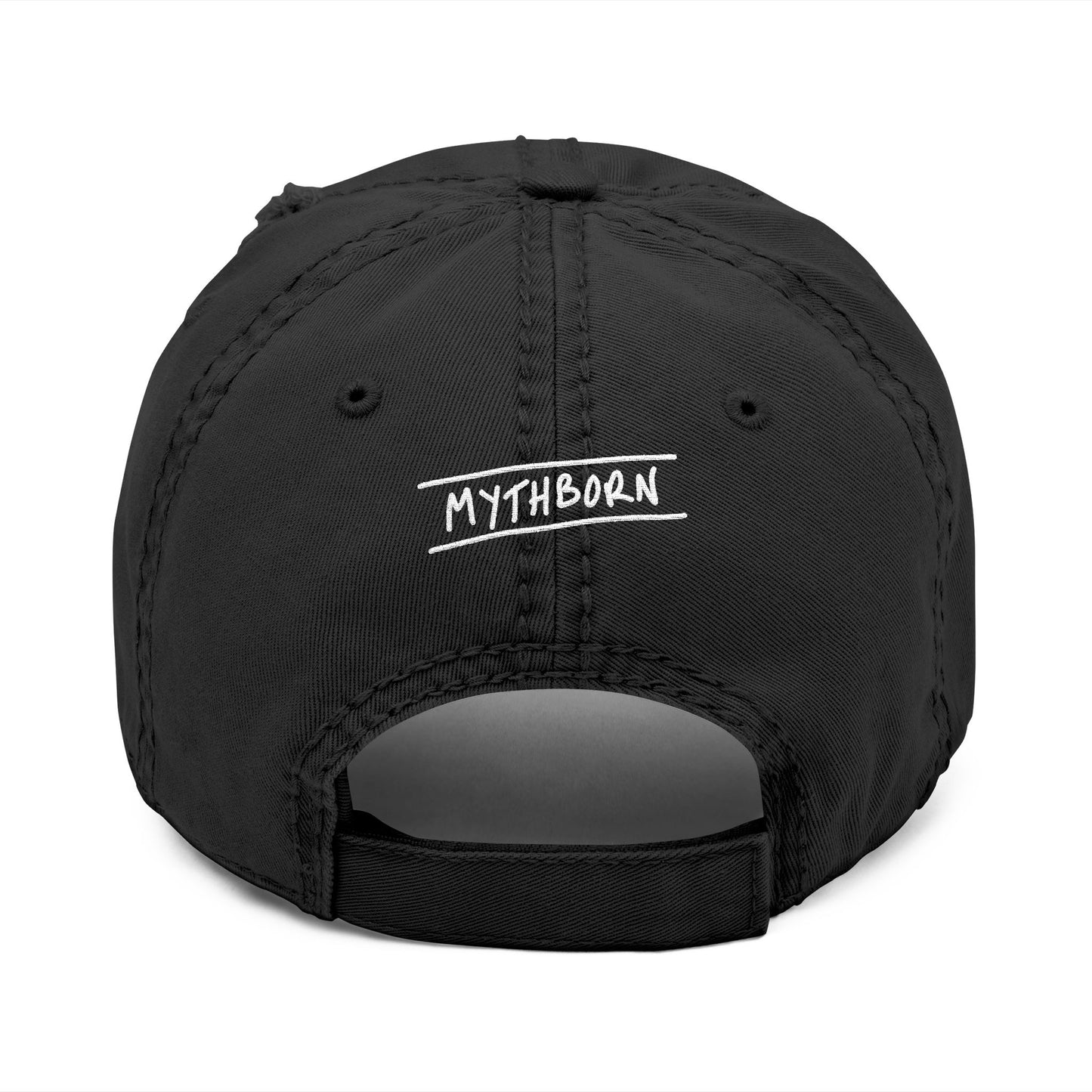 Back view of black distressed dad hat with adjustable strap, featuring the word "Mythborn" as a nod to the Jackalope design on front.